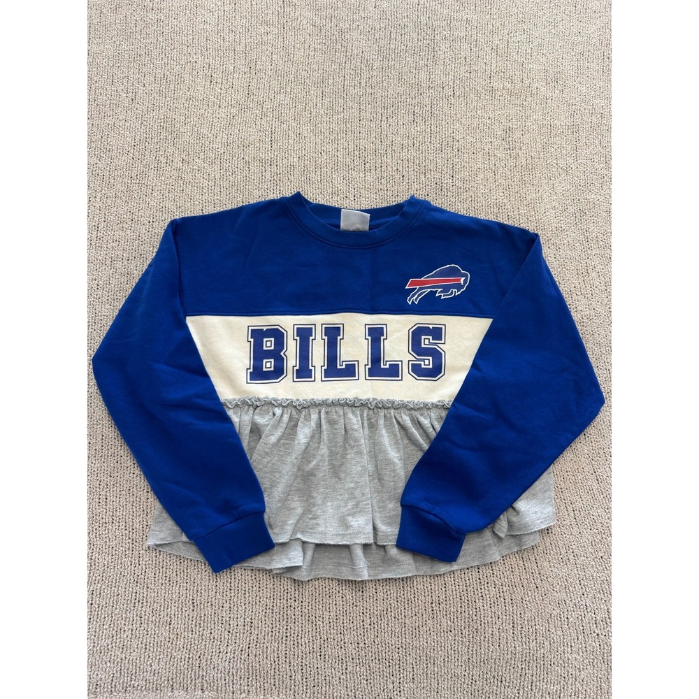 NFL Team Apparel Buffalo Bills Girls Ruffle Hem Sweatshirt Blue Gray Large 10/12